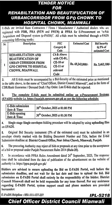 District Council Mianwali Tender Notice